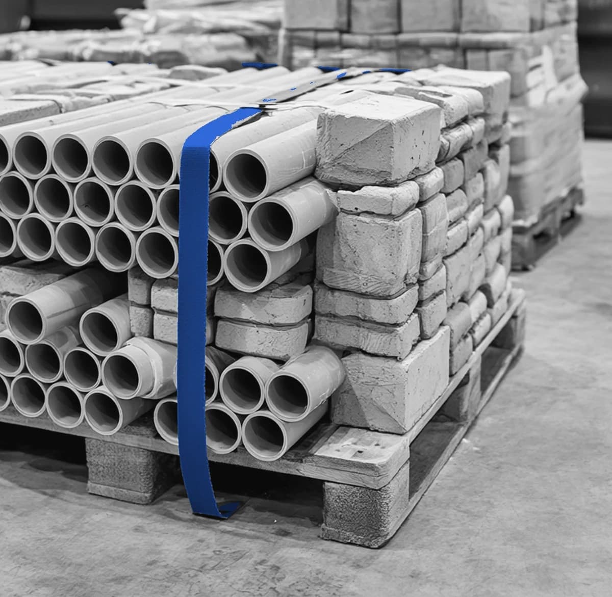 Strapped pallet of pipes on a warehouse floor