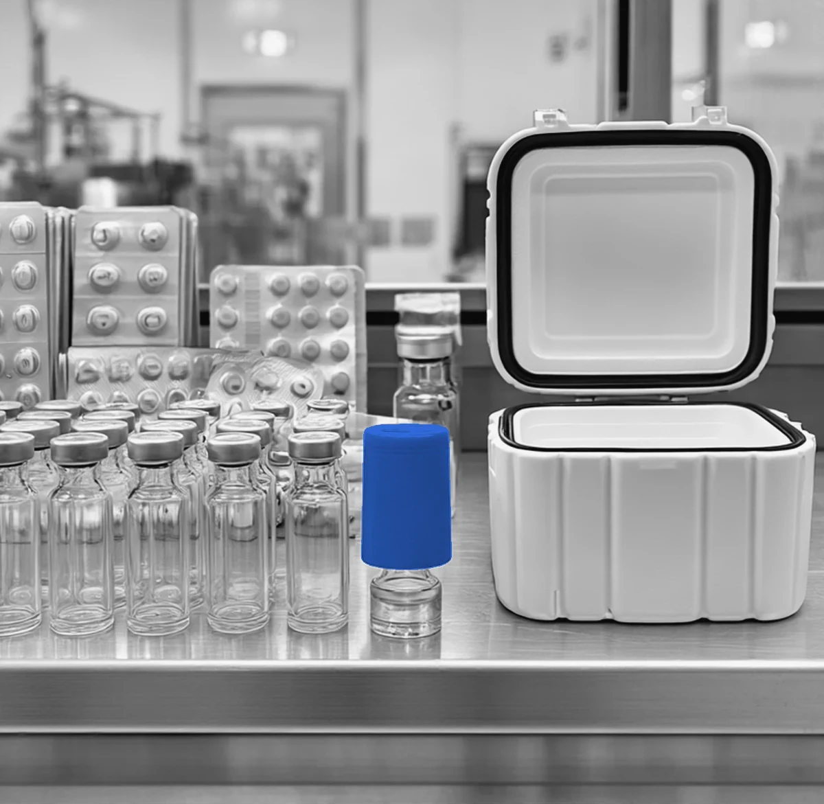 Glass vials and a cold-chain case on a laboratory bench