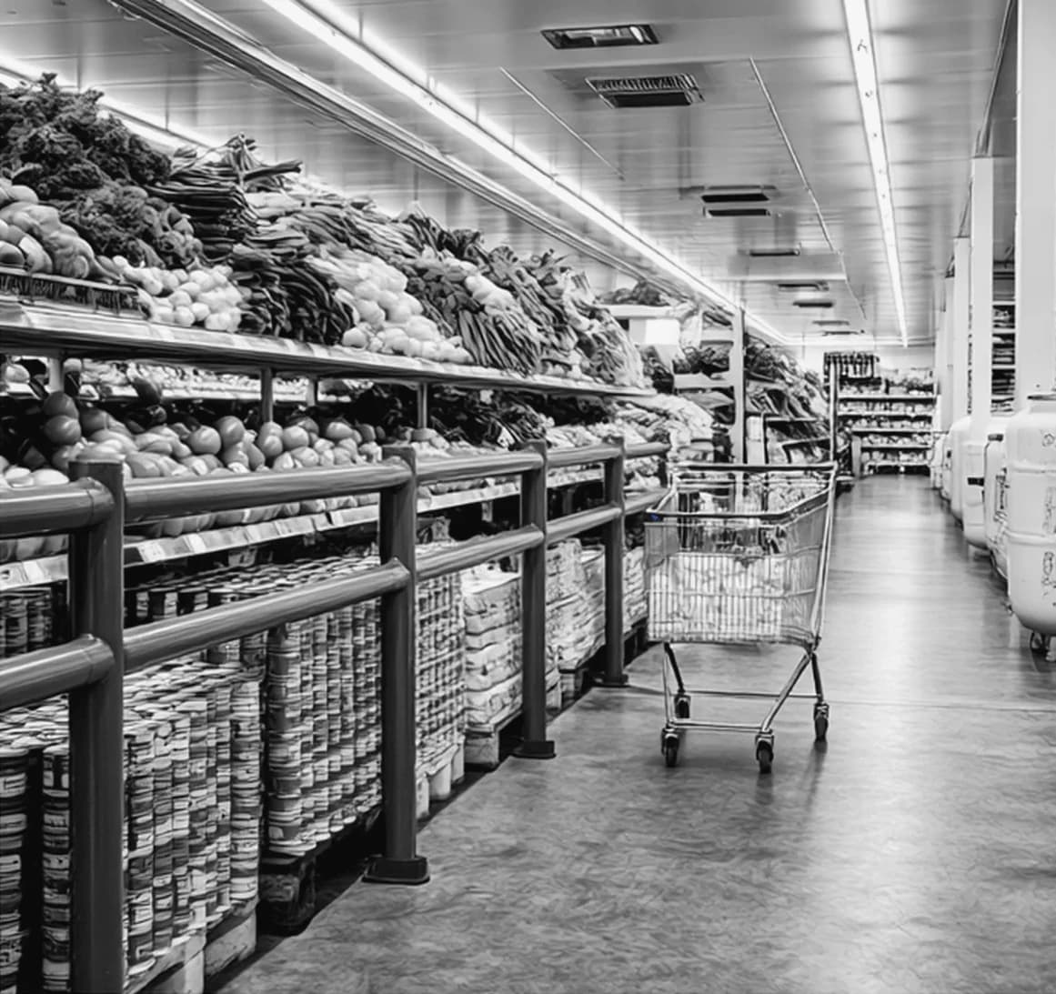 Supermarket aisle with stocked shelves